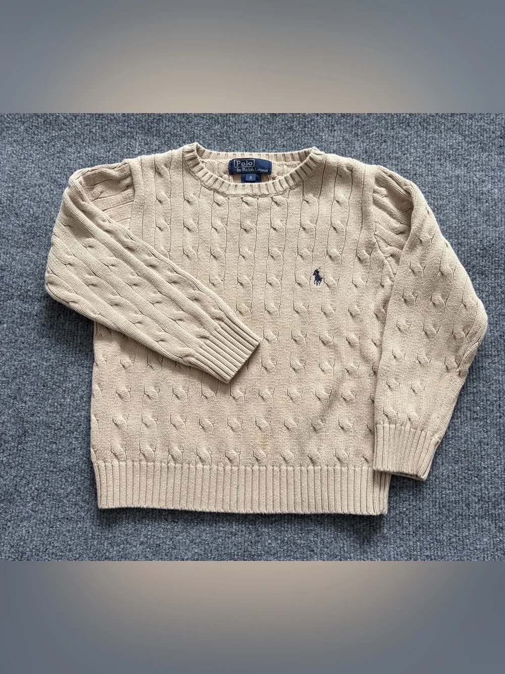 Polo Ralph Lauren Boys Size 5 Cable Knit Sweater Beige Tan Cotton Pony